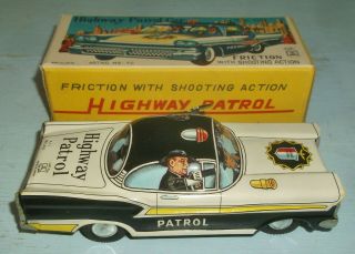 Vintage Tin Litho Highway Patrol Car Friction W/ Shooting Action
