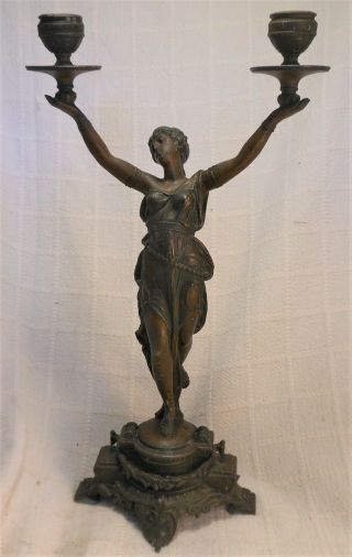 Great Victorian Bronzed Spelter Antique Figural Draped Goddess Double Candelabra