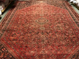 LARGE WORN VINTAGE ORIENTAL QASHGHAI 8 ' X11 ' Hand knotted 100 Wool Rug DS - 329 6