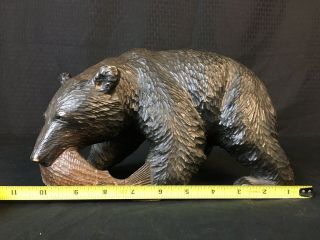 antique large Swiss Black Forest Hand Carved Wood Bear W Fish 11” Signed 10