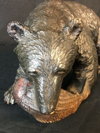 antique large Swiss Black Forest Hand Carved Wood Bear W Fish 11” Signed 12