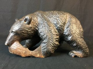Antique Large Swiss Black Forest Hand Carved Wood Bear W Fish 11” Signed
