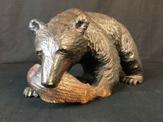 antique large Swiss Black Forest Hand Carved Wood Bear W Fish 11” Signed 2