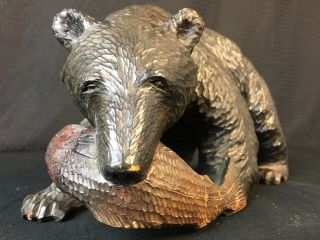 antique large Swiss Black Forest Hand Carved Wood Bear W Fish 11” Signed 6