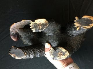 antique large Swiss Black Forest Hand Carved Wood Bear W Fish 11” Signed 9