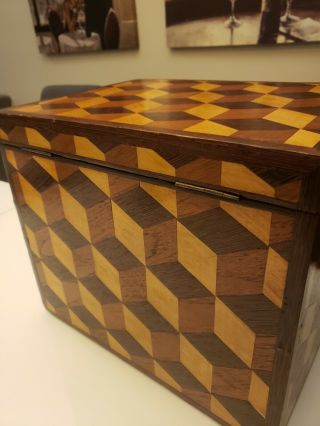 Unique 3 - Dimensional Mid Century Chest Cubed 3D Box Wood Inlay Rare 3