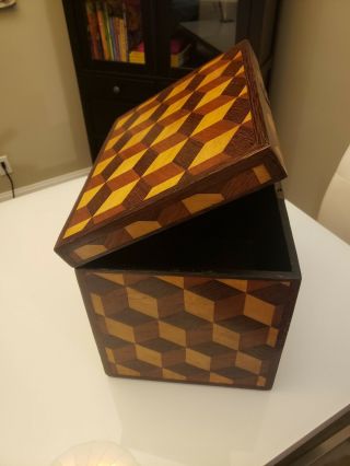 Unique 3 - Dimensional Mid Century Chest Cubed 3D Box Wood Inlay Rare 4