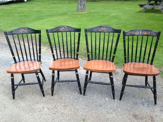 4 Vintage L.  Hitchcock Windsor Side Chairs Black Harvest Signed