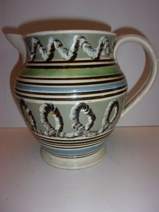 Early English Or Welsh Pottery Mochaware Pitcher With Earth Worm Pattern