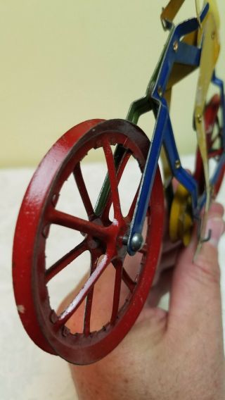 1920 ' s Antique AC Gilbert Tin Litho Balancing String Rider Bicycle Toy Org Paint 10