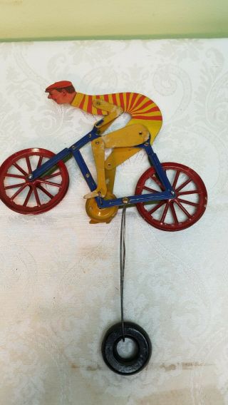 1920 ' s Antique AC Gilbert Tin Litho Balancing String Rider Bicycle Toy Org Paint 2