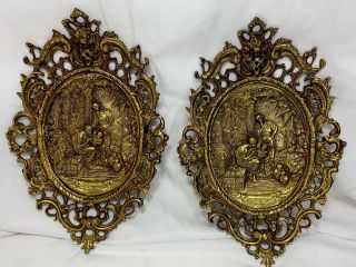 Pair French Antique Victorian Art Nouveau Solid Brass Decorative Wall Plaque Art