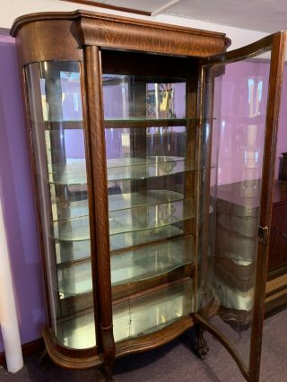 Antique oak Curved Glass Curio Display Cabinet Case vintage Victorian wood hutch 2