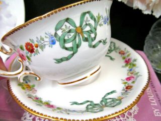 Antique Royal Worcester tea cup and saucer ribbon bow floral rose painted teacup 10