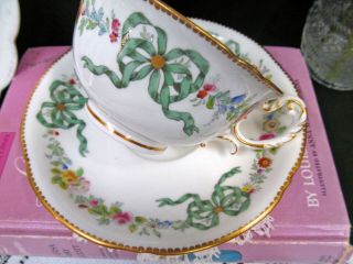 Antique Royal Worcester tea cup and saucer ribbon bow floral rose painted teacup 11