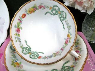 Antique Royal Worcester tea cup and saucer ribbon bow floral rose painted teacup 12