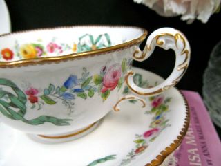 Antique Royal Worcester tea cup and saucer ribbon bow floral rose painted teacup 5