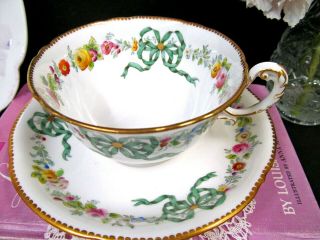 Antique Royal Worcester tea cup and saucer ribbon bow floral rose painted teacup 6