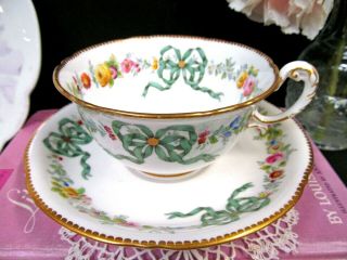 Antique Royal Worcester tea cup and saucer ribbon bow floral rose painted teacup 7