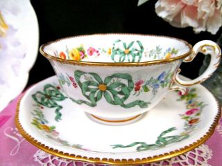 Antique Royal Worcester tea cup and saucer ribbon bow floral rose painted teacup 8