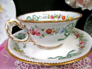 Antique Royal Worcester tea cup and saucer ribbon bow floral rose painted teacup 9