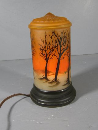 1920s Glass Reverse Painted Night Light W/ Snow Scene / Like Tiffin Or Pairpoint