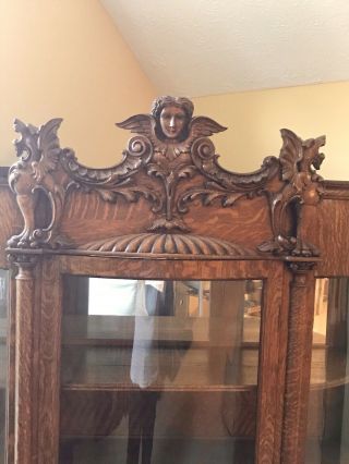 Antique French Renaissance Tiger Oak Bow Front Curio Cabinet Carved Gargoyles 3