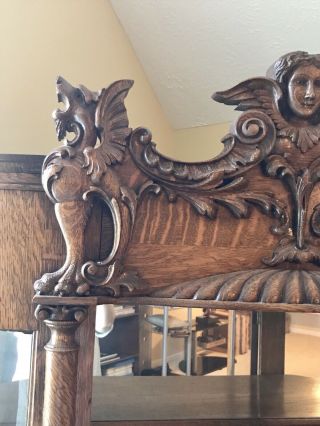 Antique French Renaissance Tiger Oak Bow Front Curio Cabinet Carved Gargoyles 9