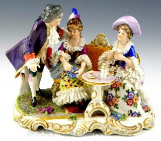 Antique Germany Group Figurine Volkstedt Dresden Lace Victorian Tea Party
