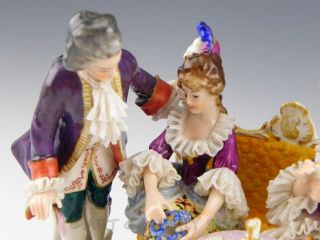 Antique Germany Group Figurine VOLKSTEDT DRESDEN LACE VICTORIAN TEA PARTY 3