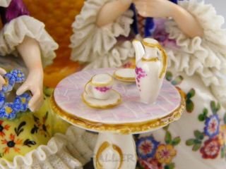 Antique Germany Group Figurine VOLKSTEDT DRESDEN LACE VICTORIAN TEA PARTY 4