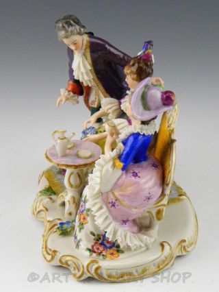 Antique Germany Group Figurine VOLKSTEDT DRESDEN LACE VICTORIAN TEA PARTY 8