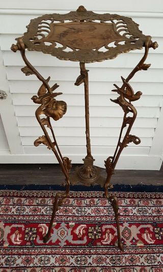 Antique 19th c French Brass Ornate Plant Stand Table Birds Swallows Art Nouveau 3