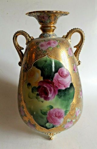 Nippon Moriage Vase Urn With Pink Cabbage Roses