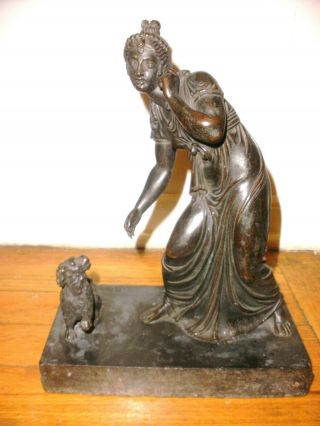Antique 19th Bronze Neoclassical Maiden Woman With Dog Sculpture
