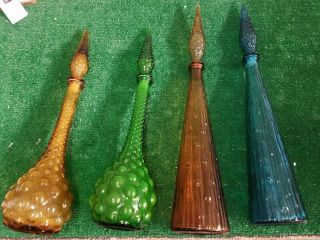 4 Vtg Mcm Amber Glass Genie Bottle Decanter W/stopper 22 " Tall Made In Italy