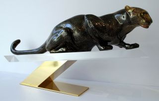 Mangani–oggetti - Black Panther Ceramic Sculpture On Lucite Stand Made In Italy