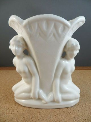 C.  1920 Antique Art Deco White China Pottery Woman Nude 2 Ladies Kneeling Vase 5 "