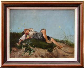 Listed De Grandi Boy Laying In Grass Impressionist Antique Oil Painting No Res.