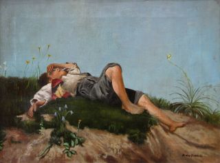LISTED De Grandi Boy Laying in Grass Impressionist Antique Oil Painting NO RES. 2