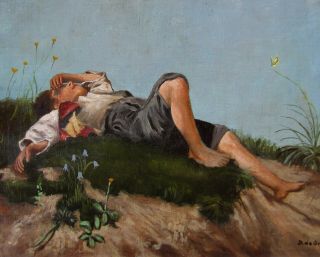 LISTED De Grandi Boy Laying in Grass Impressionist Antique Oil Painting NO RES. 3