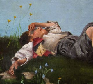 LISTED De Grandi Boy Laying in Grass Impressionist Antique Oil Painting NO RES. 4