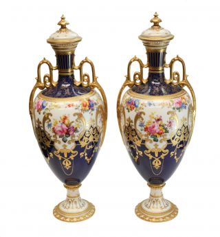 Pair Royal Crown Derby Twin Handled Lidded Urns Or Vases,  Artist Signed C.  1910