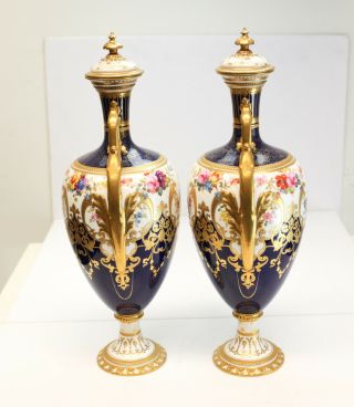 Pair Royal Crown Derby Twin Handled Lidded Urns or Vases,  Artist Signed C.  1910 2