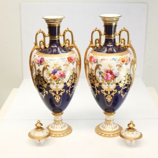 Pair Royal Crown Derby Twin Handled Lidded Urns or Vases,  Artist Signed C.  1910 3