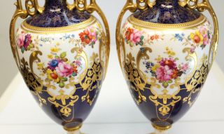 Pair Royal Crown Derby Twin Handled Lidded Urns or Vases,  Artist Signed C.  1910 4