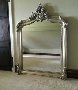 Antique Silver French Statement Over Mantle Scroll Table Top Arched Wall Mirror