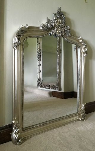Antique Silver French Statement Over Mantle Scroll Table Top Arched Wall Mirror 3