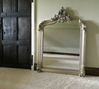 Antique Silver French Statement Over Mantle Scroll Table Top Arched Wall Mirror 4