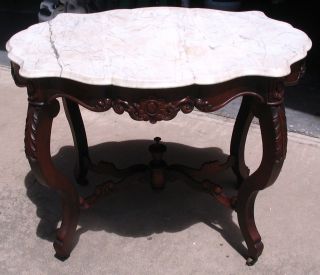 Fancy Antique French Victorian Scalloped Oval Lamp Table & Turtle Marble Top